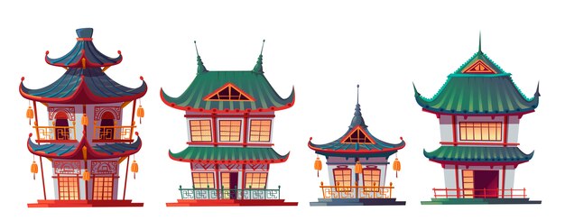 Dibujos animados de construcción de casas chino tradicional