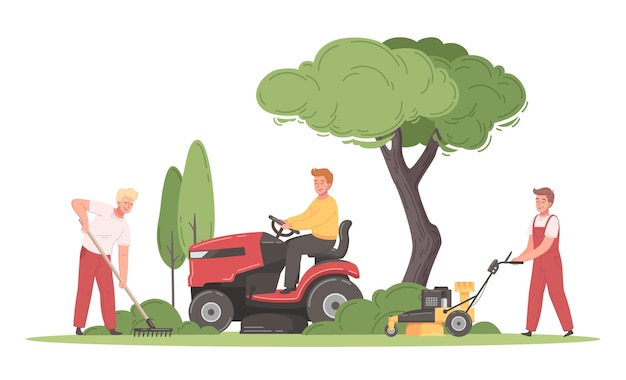 Vector gratuito dibujos animados de corte de césped con trabajadores masculinos cortando hierba usando diferentes máquinas ilustración vectorial