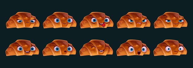 Dibujos animados croissant carácter diferentes emociones