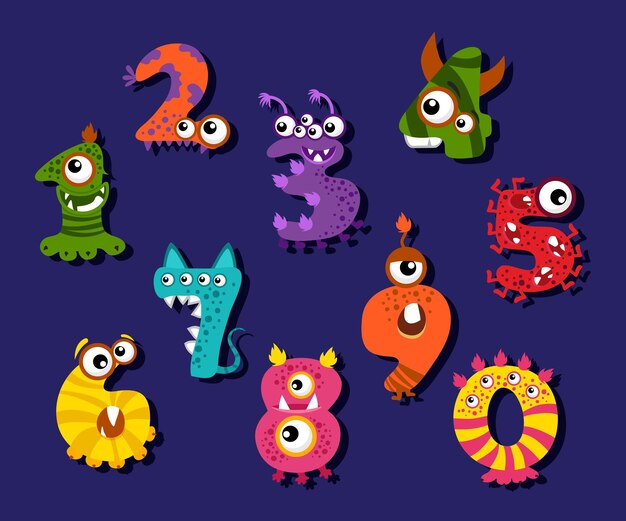 Dibujos animados divertidos números o dígitos cómicos establecidos. Ilustración de monstruos de criatura