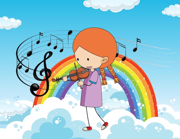 Dibujos animados de doodle una niña tocando el violín con arco iris en el cielo