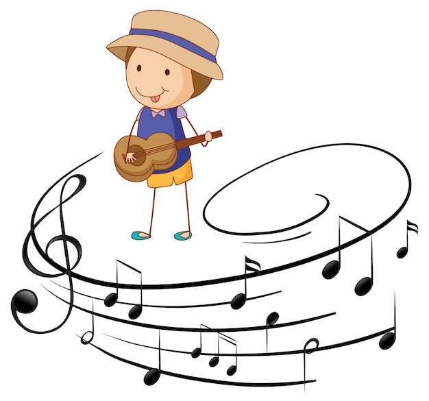 Vector gratuito dibujos animados de doodle un niño tocando la guitarra o el ukelele con símbolos de melodía