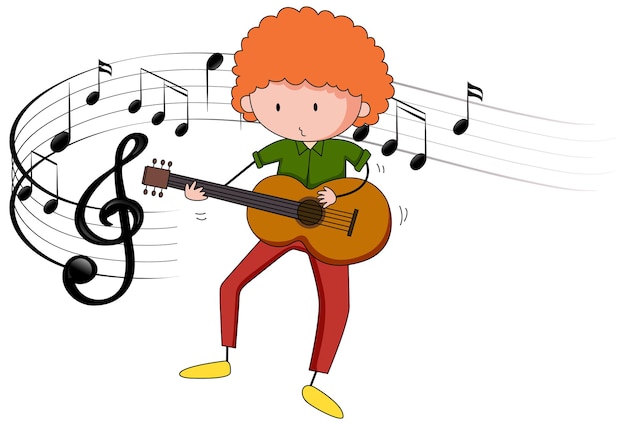 Vector gratuito dibujos animados de doodle a un niño tocando la guitarra o el ukelele con símbolos de melodía