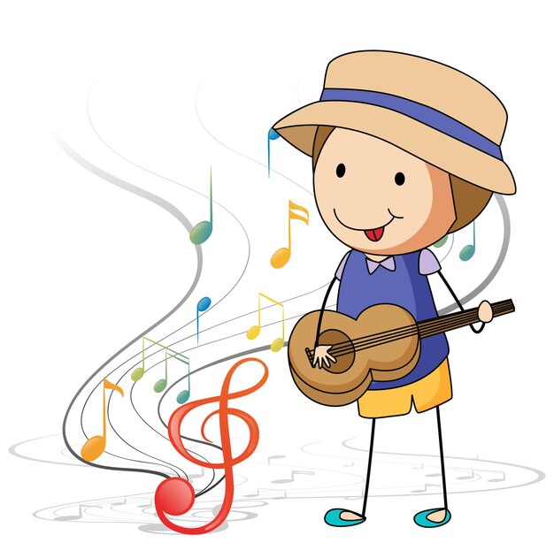 Dibujos animados de doodle un niño tocando la guitarra con símbolos de melodía