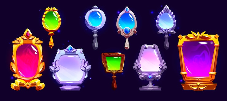 Vector gratuito dibujos animados efecto de neón antiguo marco de espejo vintage princesa victoriana adornada colección de objetos de fantasía grabados con diamante brillante varios hermoso conjunto de ilustración de marco de color encantado mágico