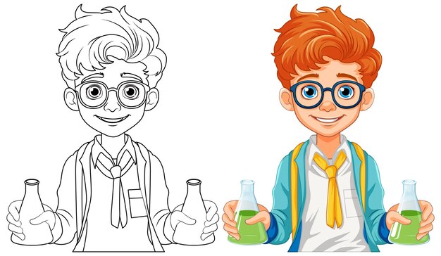 Dibujos animados de estudiante masculino con matraz cónico en clase de ciencias expe