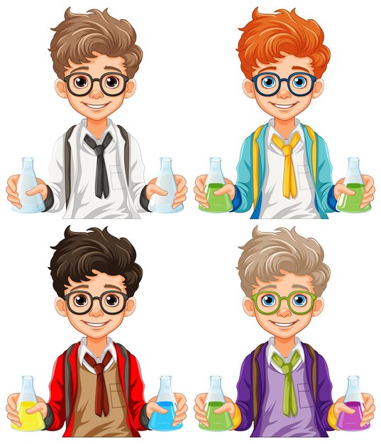 Dibujos animados de estudiante masculino con matraz cónico en clase de ciencias expe
