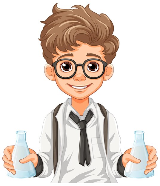 Dibujos animados de estudiante masculino con matraz cónico en clase de ciencias expe
