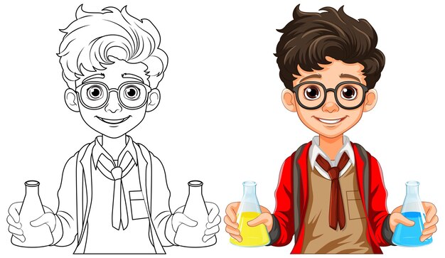 Dibujos animados de estudiante masculino con matraz cónico en clase de ciencias expe