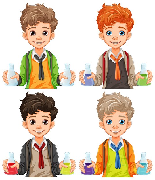 Dibujos animados de estudiante masculino con matraz cónico en clase de ciencias expe