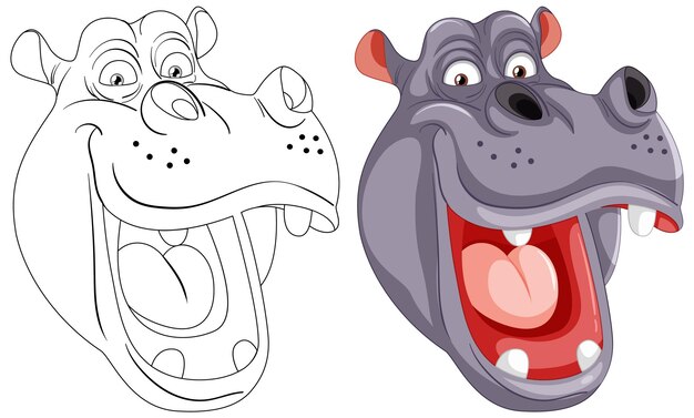 Dibujos animados de hipopótamos felices antes y después de colorear