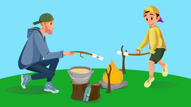 Dibujos animados hombre y niño asado malvavisco sobre fuego