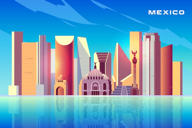 Dibujos animados del horizonte de la ciudad de México con modernos rascacielos