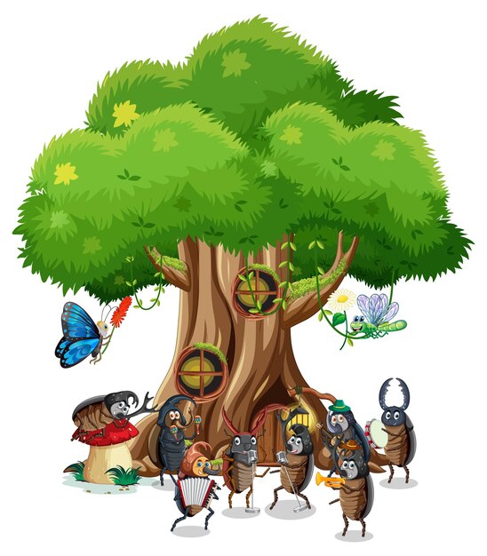 Dibujos animados de insectos felices en la casa del árbol de hadas
