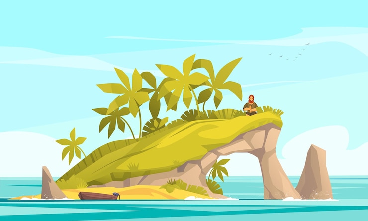 Vector gratuito dibujos animados de isla tropical con hombre solitario en la ilustración de vector de piedra de bosque