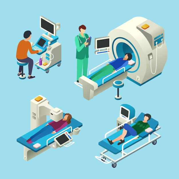 Dibujos animados isométrica de escáner de resonancia magnética de médico y pacientes en examen de exploración MRI médica