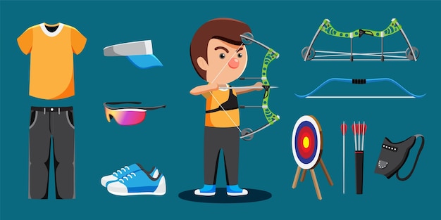 Dibujos animados de jugador de atletismo de arquero y conjunto de equipo, como gafas de funda de arco de objetivo de tiro con arco