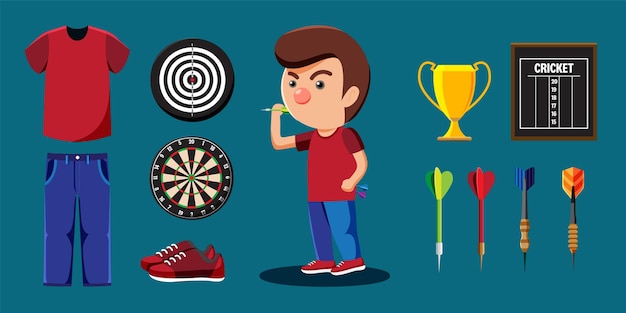 Vector gratuito dibujos animados de jugador de atletismo de dardos y conjunto de equipos, como zapato de puntuación de trofeo de arquero de dardos