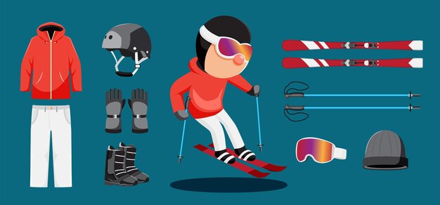 Dibujos animados de jugador de atletismo de esquiador y conjunto de equipo, como bastón de esquí, casco, guantes, botas, gafas