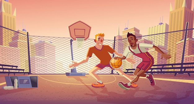 Vector gratuito dibujos animados de jugadores de baloncesto callejero con jóvenes caucásicos y afroamericanos