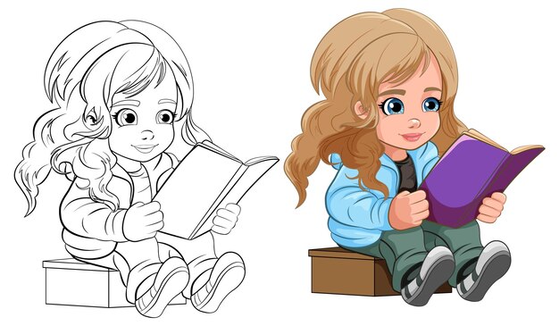 Dibujos animados de libro de lectura de niña