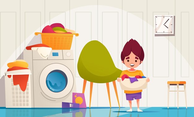 Dibujos animados de limpieza de niños con niño sosteniendo ilustración de vector de ropa lavada