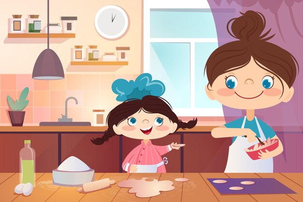 Dibujos animados linda niña chef con madre cocinando galletas en la cocina