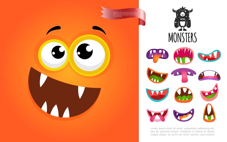 Vector gratuito dibujos animados lindo concepto de cara de criatura tonta con coloridos monstruos divertidos bocas ilustración
