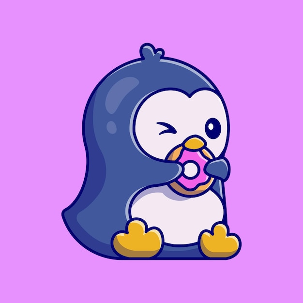 Dibujos animados lindo pingüino comiendo donut