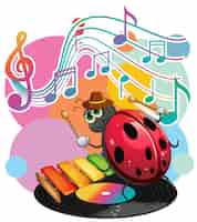Vector gratuito dibujos animados de mariquita con símbolos de melodía musical
