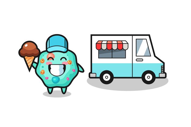 Dibujos animados de mascota de ameba con diseño de estilo lindo de camión de helados para elemento de logotipo de etiqueta de camiseta