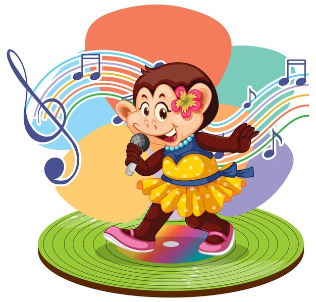 Dibujos animados de mono cantante con símbolos de melodía musical