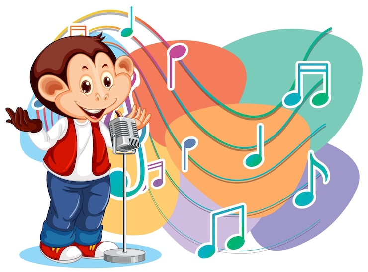 Vector gratuito dibujos animados de mono cantante con símbolos de melodía musical