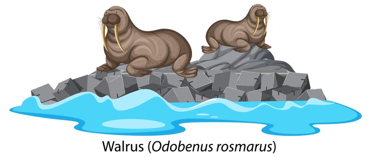 Vector gratuito dibujos animados de morsa en una isla rocosa aislada