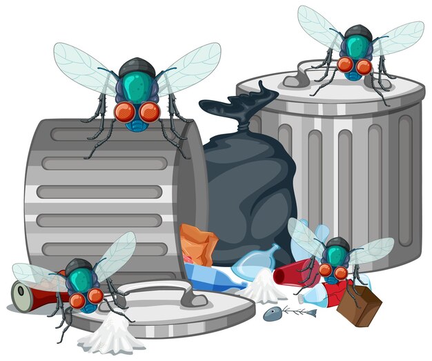 Dibujos animados de moscas y basura