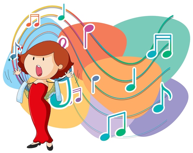 Dibujos animados de mujer cantante con símbolos de melodía musical