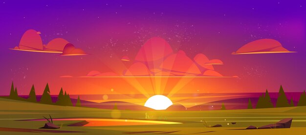 Dibujos animados naturaleza paisaje hermosa puesta de sol en el campo verde con estanque hierba rocas y coníferas bajo el cielo púrpura con nubes rojas Pintoresco paisaje fondo natural atardecer escena Vector ilustración