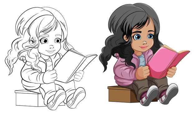 Dibujos animados de niña leyendo un libro
