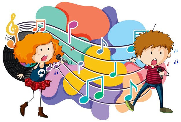 Dibujos animados de niño y niña cantante con símbolos de melodía musical
