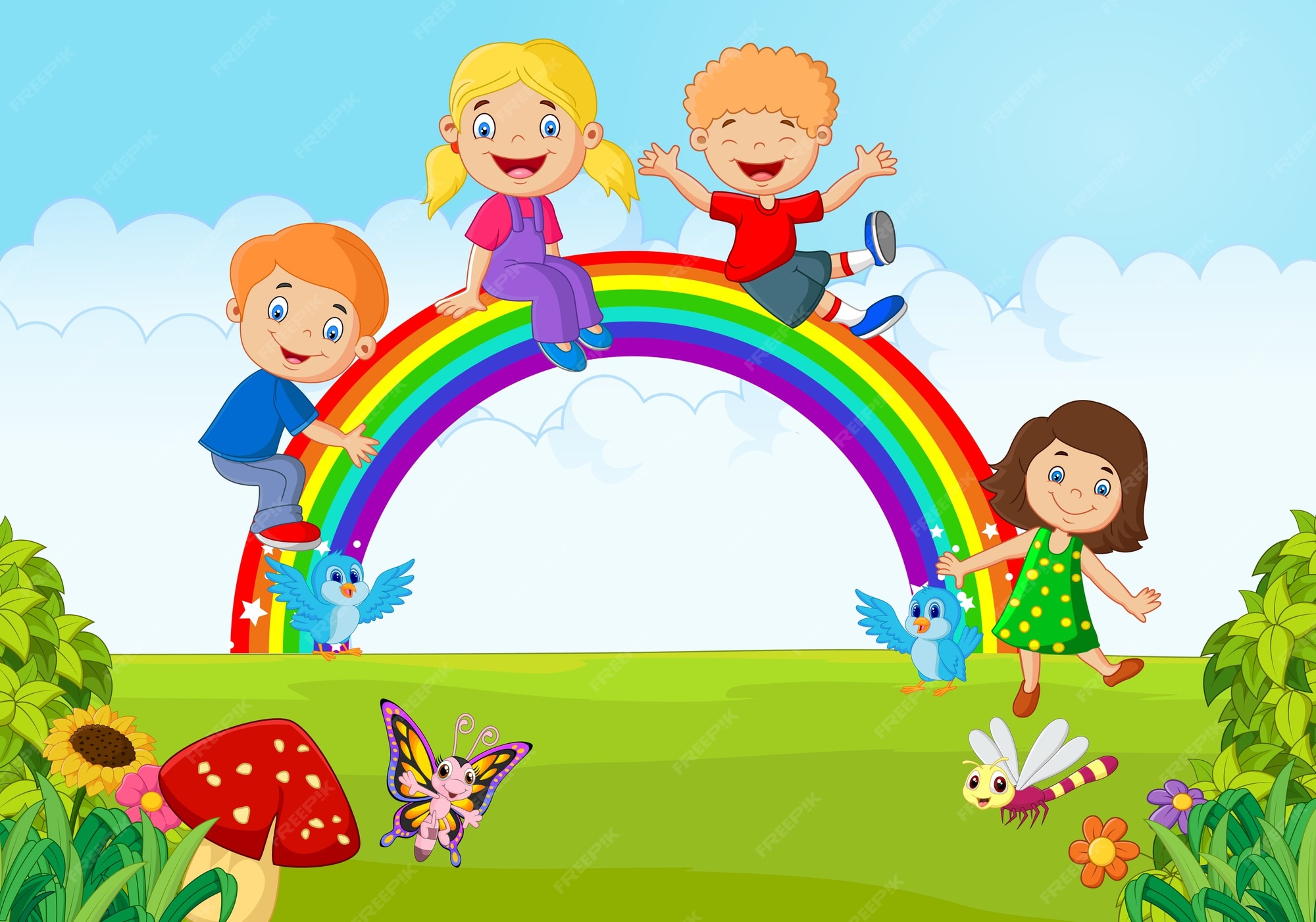 Dibujos Animados De Ninos Felices Sentados En El Arco Iris En El Bosque Vector Premium