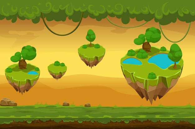 Dibujos animados de paisaje de bosque fantástico. Panorama de la naturaleza para juego, liana y césped, juego de paisaje. Ilustración vectorial
