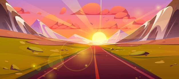 Dibujos animados de paisaje de puesta de sol de carretera y vista a la montaña