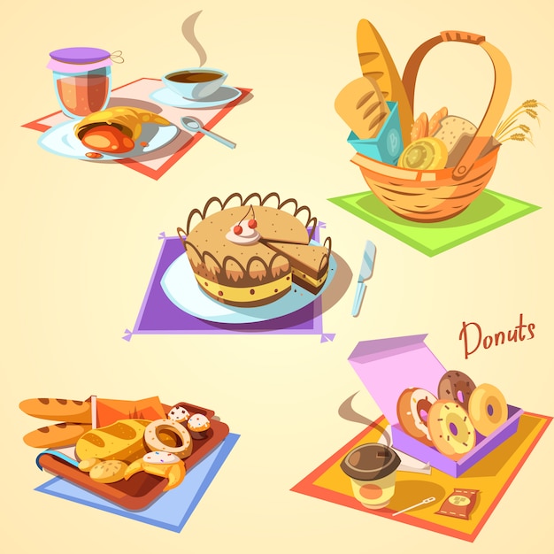 Dibujos animados de panadería con comida dulce de estilo retro