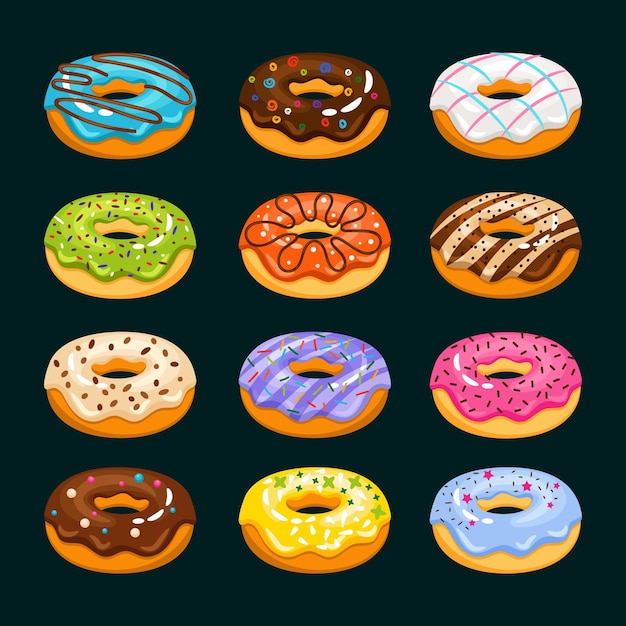 Vector gratuito dibujos animados de pastel de rosquilla. ilustración de donuts surtidos de chocolate. buñuelo de desayuno sabroso, fresco y delicioso buñuelo