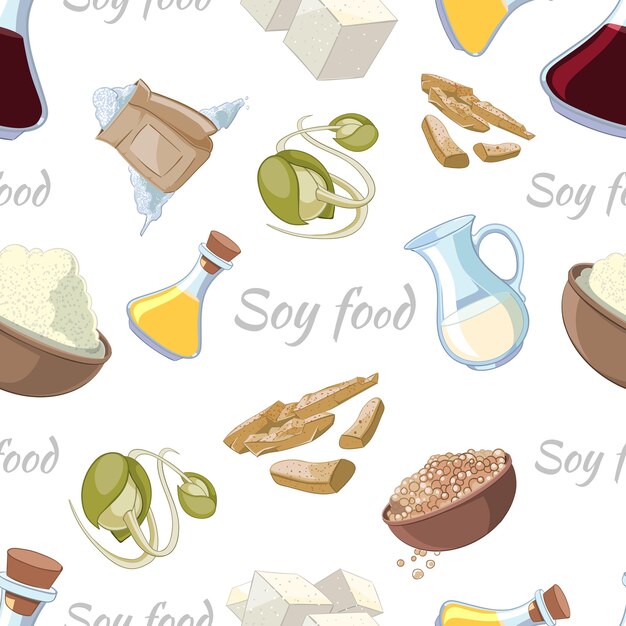 Dibujos animados de patrones sin fisuras de alimentos de soja. Polvo y brotes, tofu y botella