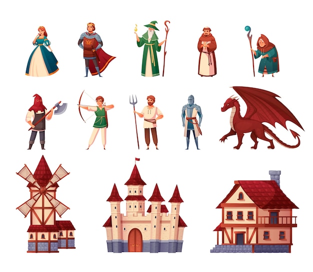 Vector gratuito dibujos animados de personajes medievales con castillo y molino ilustración vectorial aislada