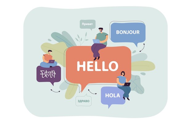 Dibujos animados de personas diminutas que tienen comunicación internacional en línea. Ilustración plana.