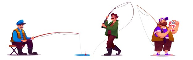 Los dibujos animados de pescadores muestran a hombres con cañas de pescar.