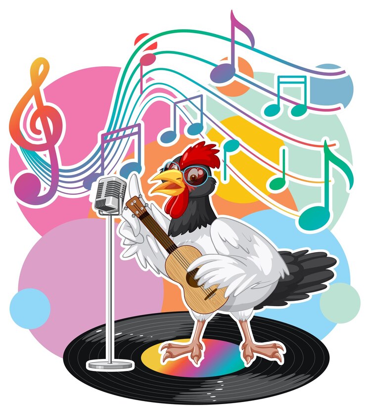 Vector gratuito dibujos animados de pollo cantante con símbolos de melodía musical