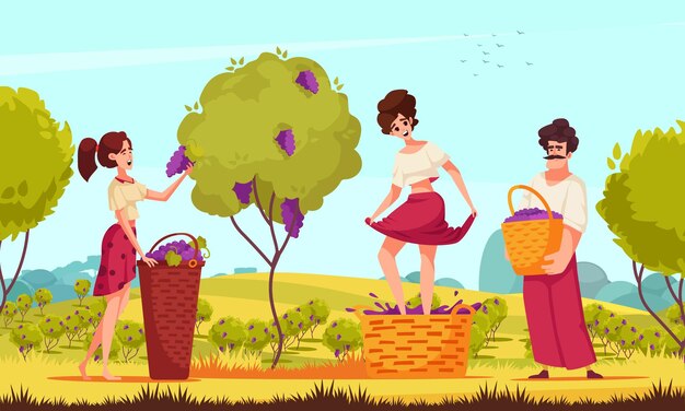 Dibujos animados de proceso de elaboración de vino tradicional con mujer exprimiendo uva con ilustración de vector de pies